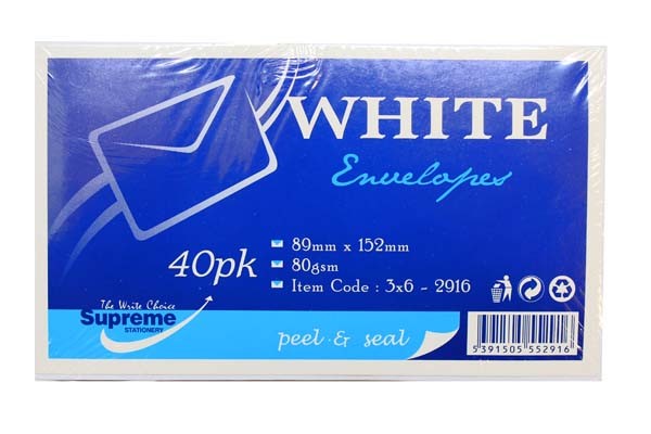 Envelopes White 3x6 40pk 80gsm