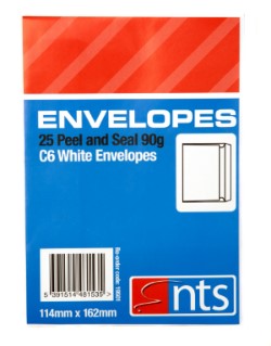 Envelope C6 White 25Pk NTS