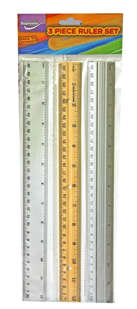 Rulers 3pk 12' 30cm Plastic,Wooden and Metal RL-3213 Supreme