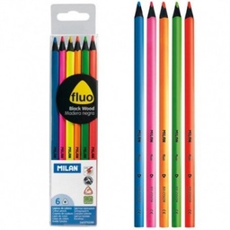 [8411574048787] Colouring Pencils Black Wood Fluo 6 Pk
