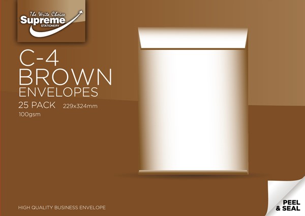 Envelope Brown C4, 25pk peel and seal