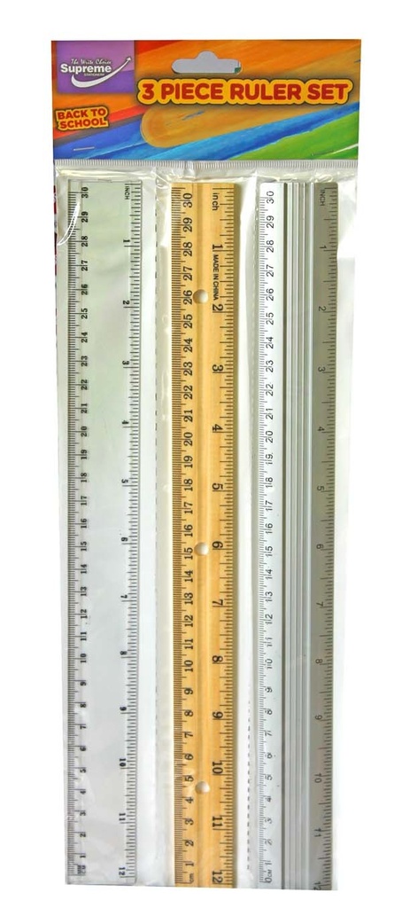 [5391530583213] Rulers 3pk 12' 30cm Plastic,Wooden and Metal RL-3213 Supreme