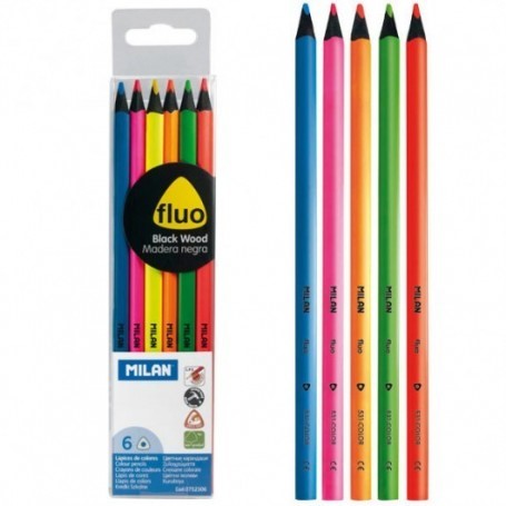 Colouring Pencils Black Wood Fluo 6 Pk