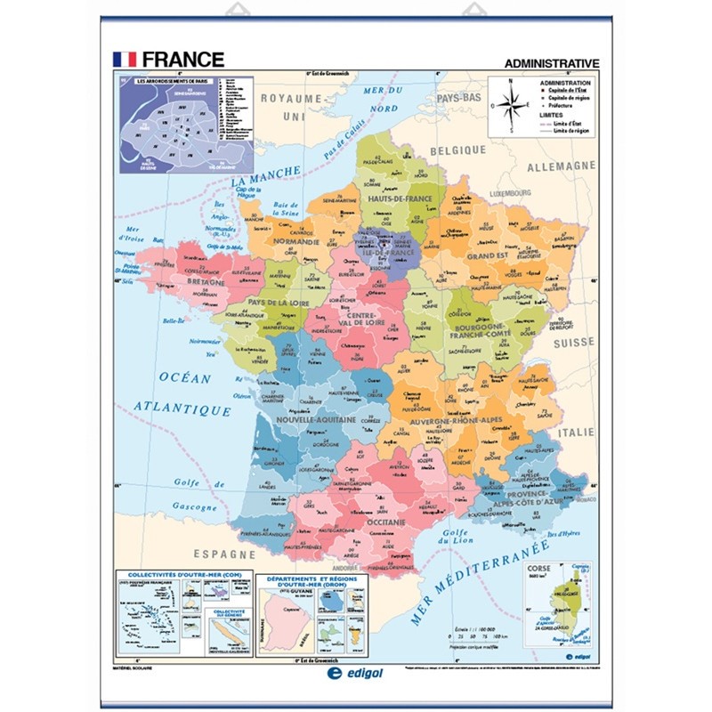 Map France Physical / Political 140 x 100 cm Edigol