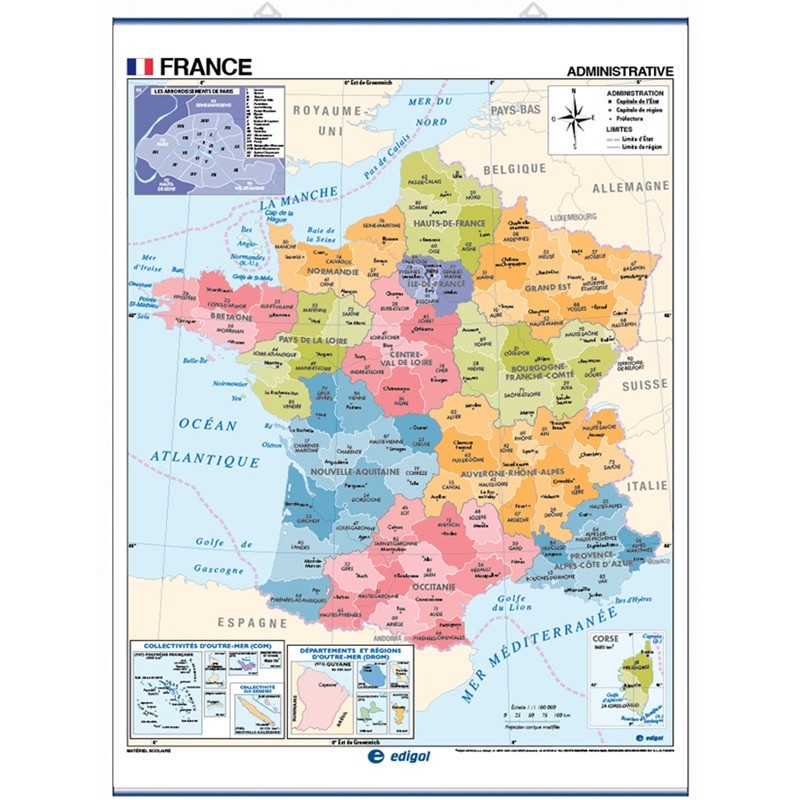 [8436029290894] Map France Physical / Political 140 x 100 cm Edigol