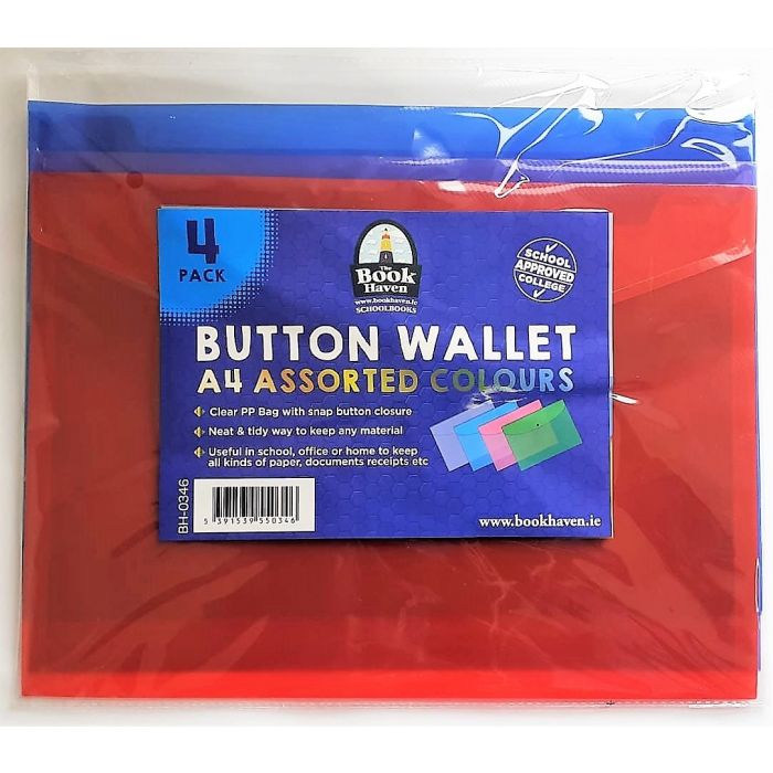 O/S Button Wallet A4 Assorted Colours BH-0346 4 Pack