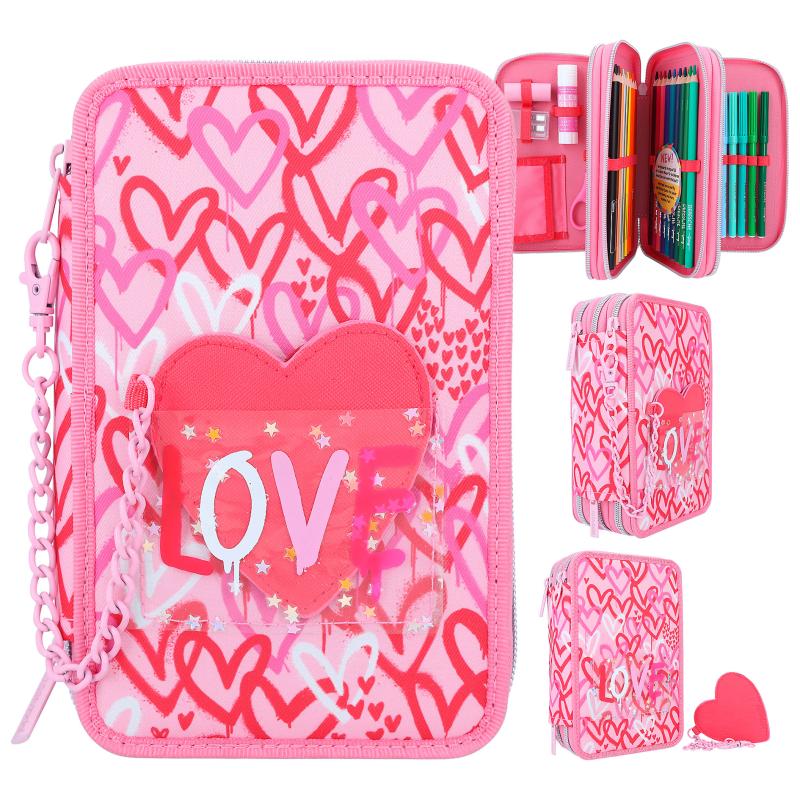 TOPModel Triple Pencil Case With PU Heart ONE LOVE